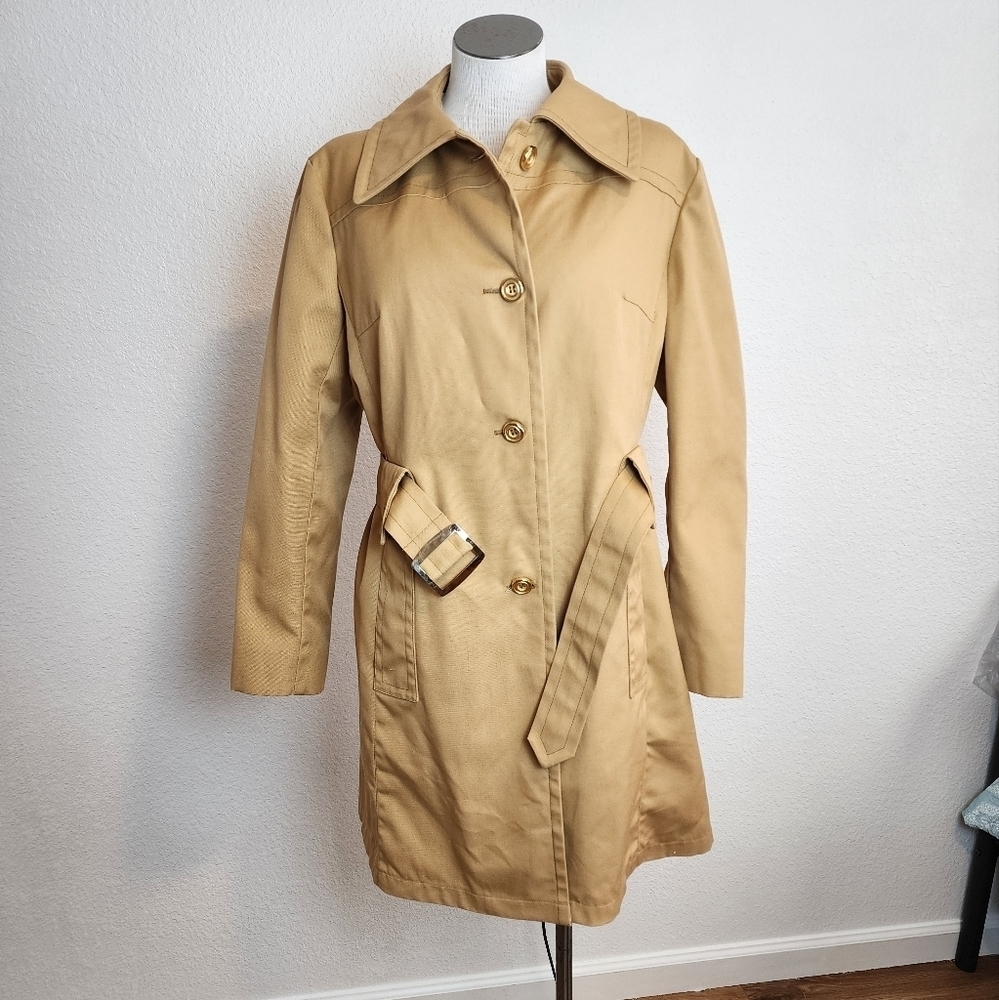 London Fog Vintage Yellow Pointed Collar Single Breasted Waist Tie Rain Coat